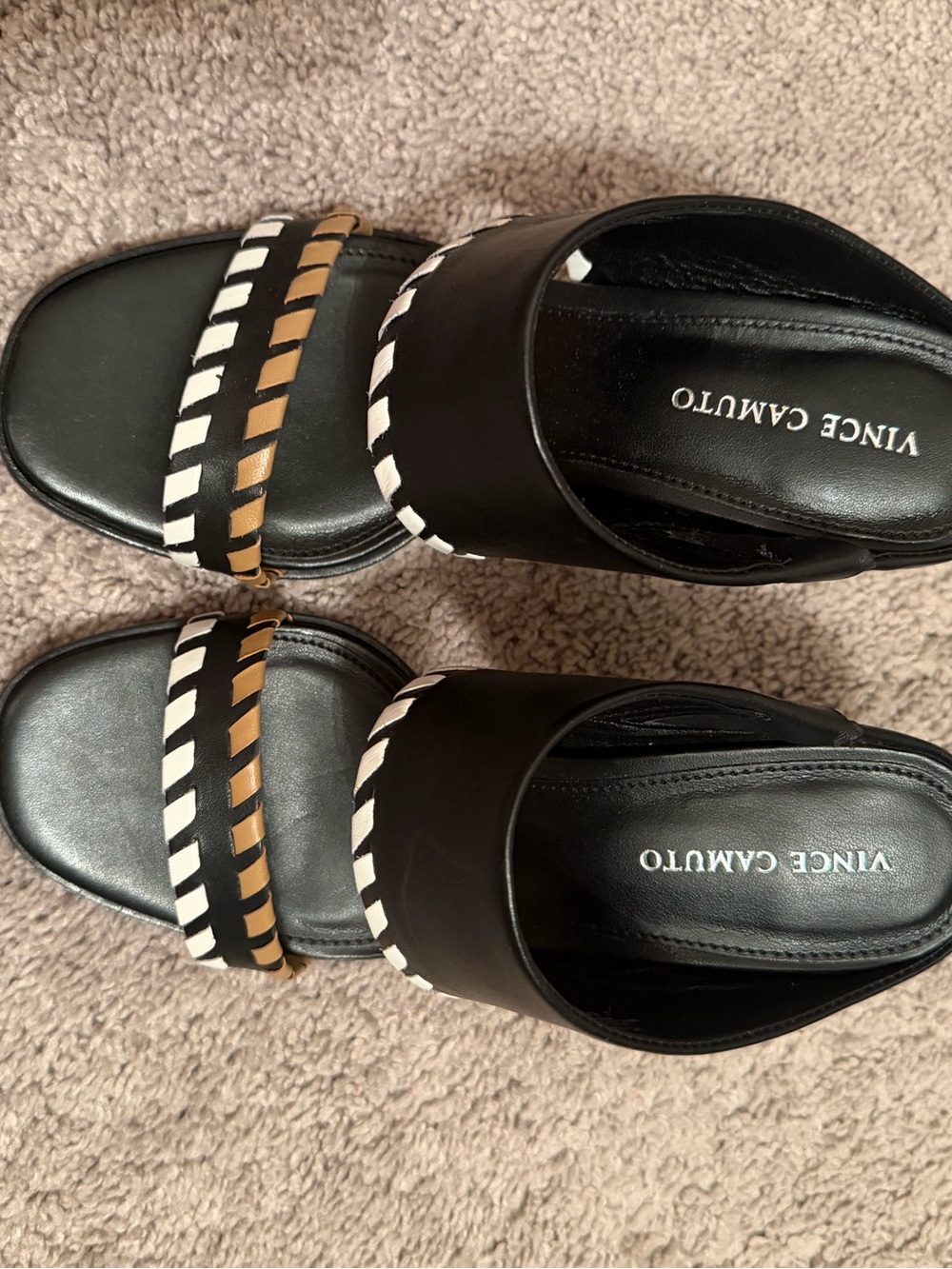 Vince Camuto Black Slide Sandals with White and Tan Woven Straps never worn